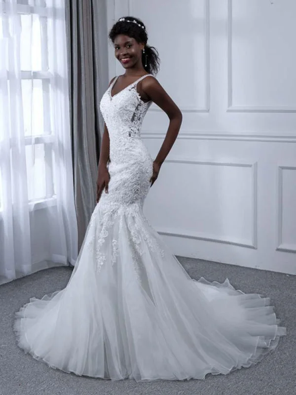 Sheer Sleeve Dress Elegant V-Neck Lace Tulle Mermaid Wedding Dresses