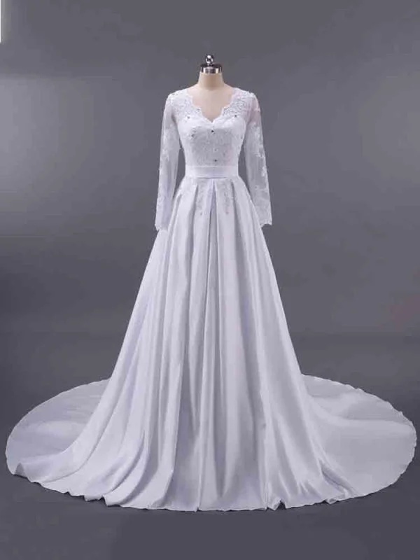 Vintage-Inspired Gown Elegant V-Neck Long Sleeves Lace Ruffles Wedding Dresses