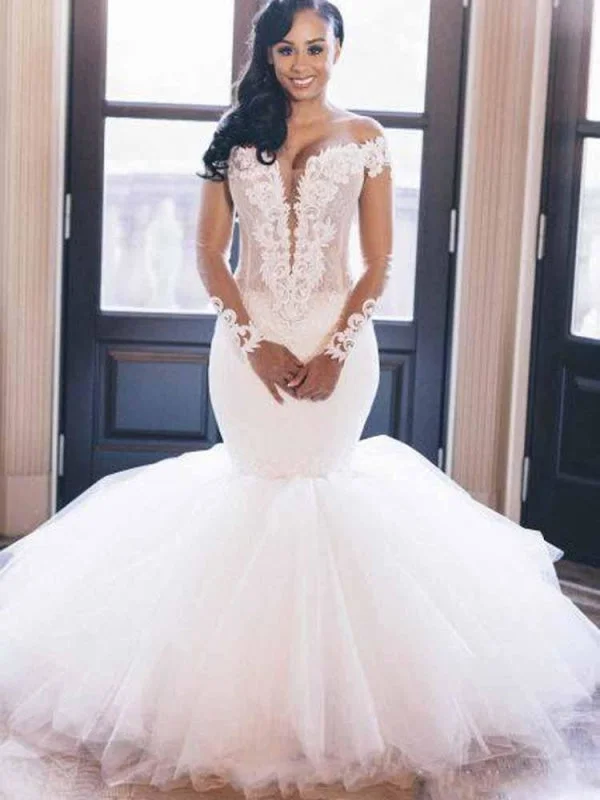 Long Train Gown Elegant V-Neck Long Sleeves Mermaid Wedding Dresses