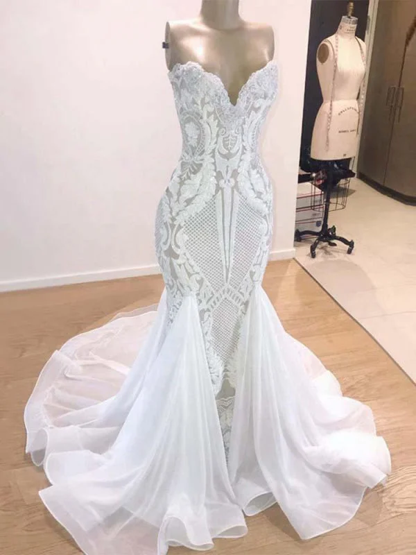 Silver Embellished Gown Elegant V-neck Lace Ruffles Wedding Dresses