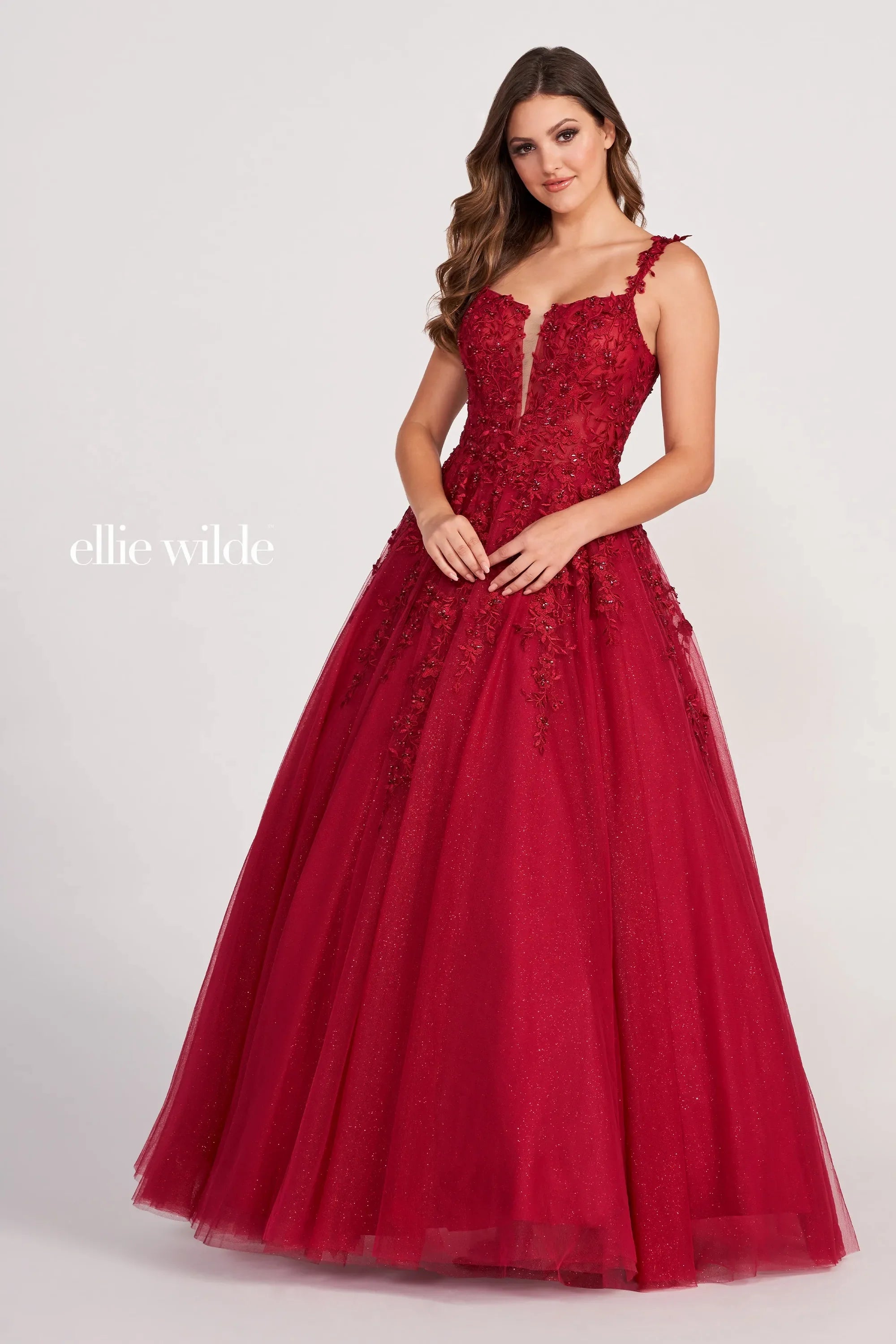 Royal Gown Ellie Wilde EW120014 Long Sheer Lace Shimmer Ballgown Prom Dress V Neck Formal Gown Royal Gown Ellie Wilde EW120014 Long Sheer Lace Shimmer Ballgown Prom Dress V Neck Formal Gown