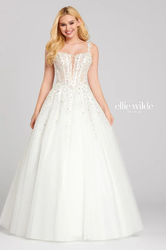 Embroidered Gown Ellie Wilde EW120014 Size 16 White Long Sheer Lace Shimmer Ballgown Prom Dress V Neck Formal Gown Embroidered Gown Ellie Wilde EW120014 Size 16 White Long Sheer Lace Shimmer Ballgown Prom Dress V Neck Formal Gown