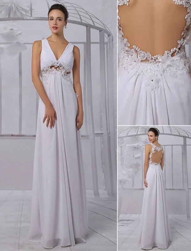 Elegant Satin Dress Empire Chiffon V-Neck Illusion Back Wedding Dress With Floral Applique Exclusive Elegant Satin Dress Empire Chiffon V-Neck Illusion Back Wedding Dress With Floral Applique Exclusive