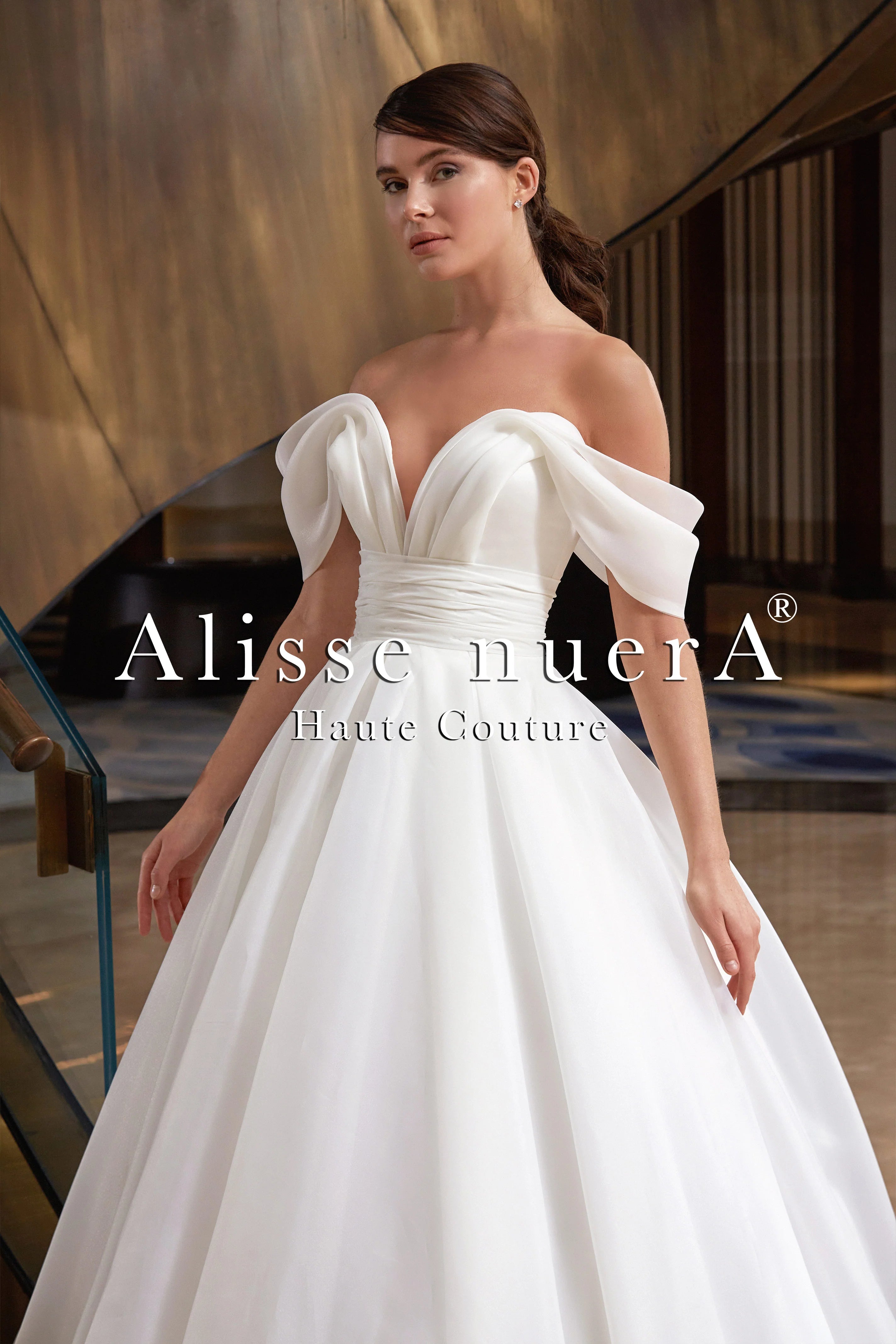 Regal Satin Gown Empire Waist Organza Ballroom Wedding Gown with Swag Sleeve