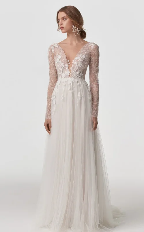 Short Sleeve Dress Ethereal A Line V-neck Lace Tulle Long Sleeve Sweep Train Wedding Dress with Appliques and Open Back-715908 Short Sleeve Dress Ethereal A Line V-neck Lace Tulle Long Sleeve Sweep Train Wedding Dress with Appliques and Open Back-715908