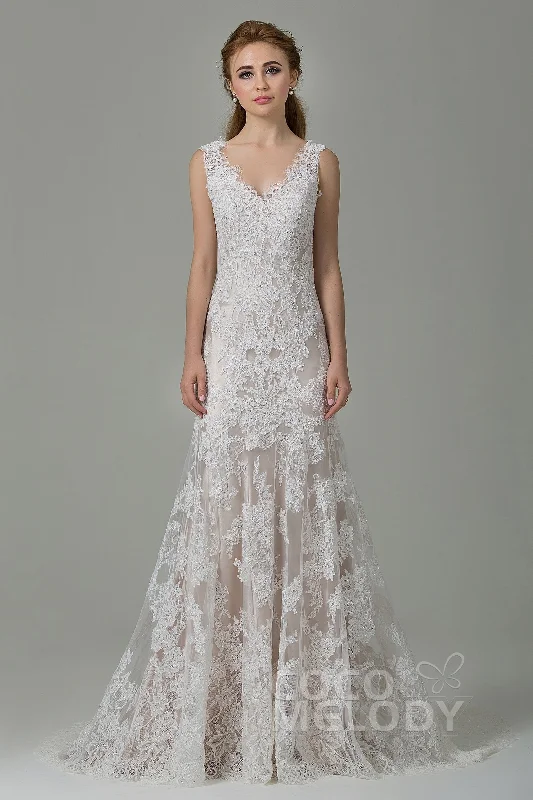 Exquisite Gown Sheath-Column Sweep-Brush Train Lace Wedding Dress CWXT14061