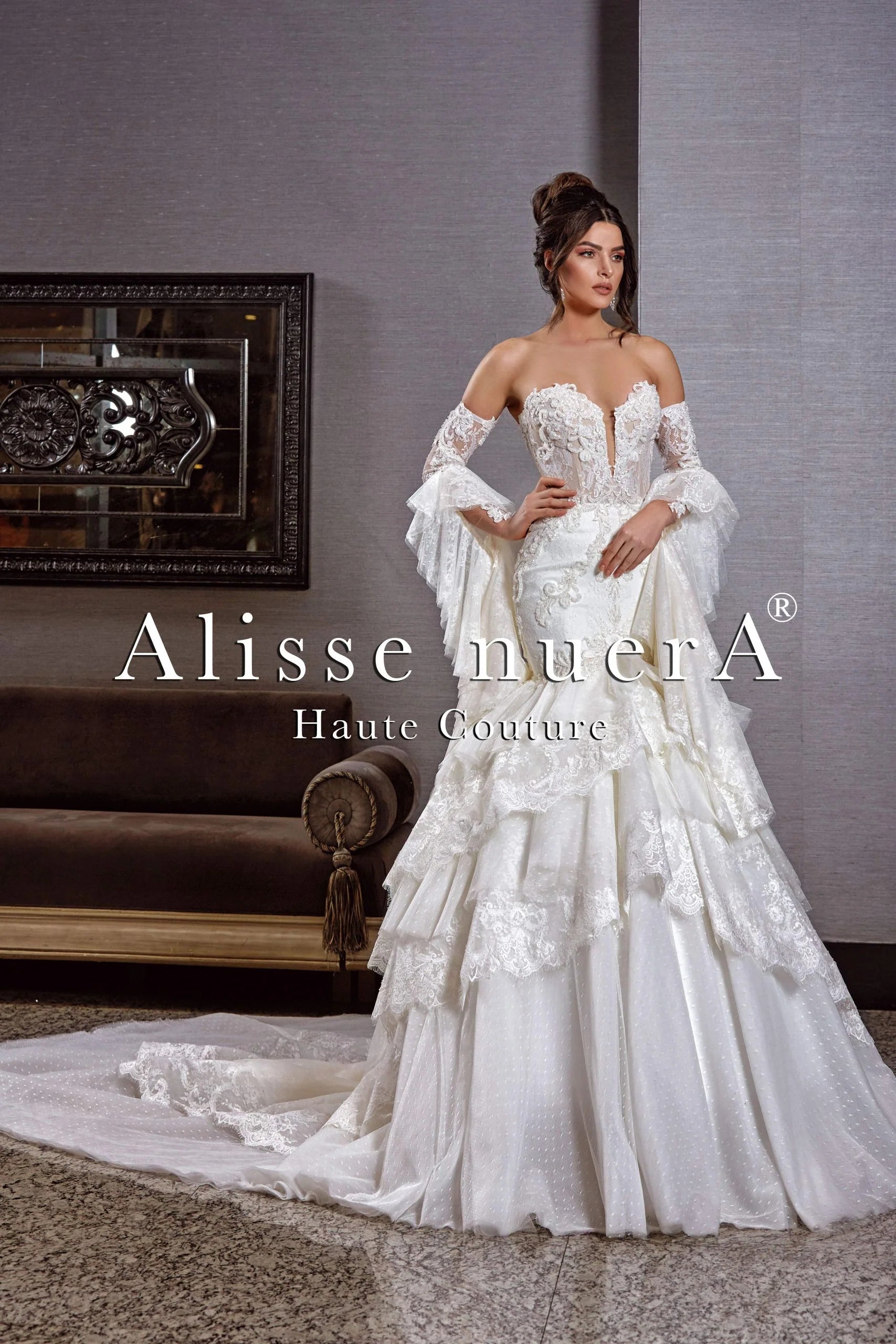 Soft Tulle Dress Flamenco Wedding Gown with Layered Trumpet Skirt and Detachable Layered Flare Sleeves Soft Tulle Dress Flamenco Wedding Gown with Layered Trumpet Skirt and Detachable Layered Flare Sleeves