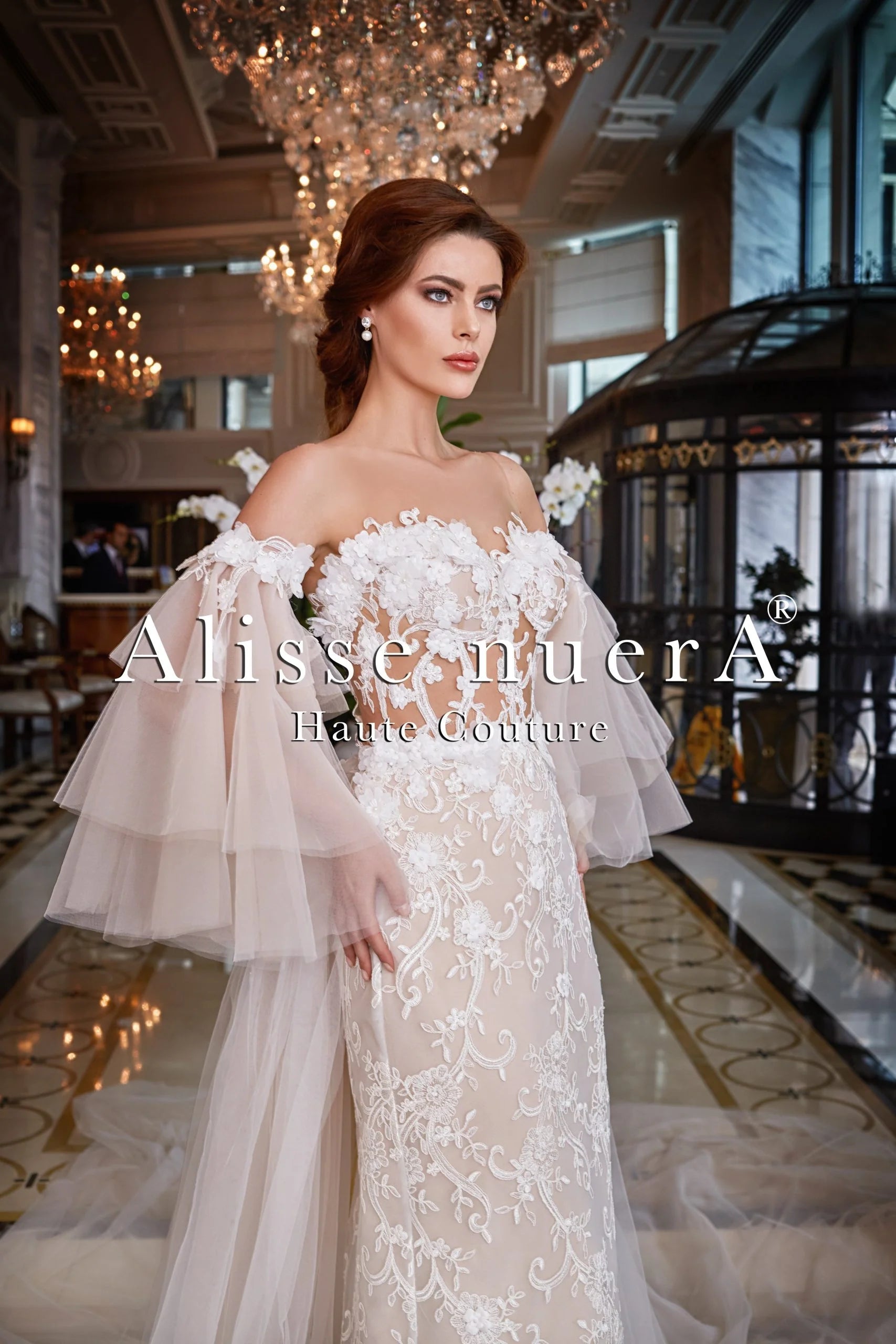 Hand-Beaded Gown Floral Lace Cream Color Bridal Dress with Ruffle Sleeve