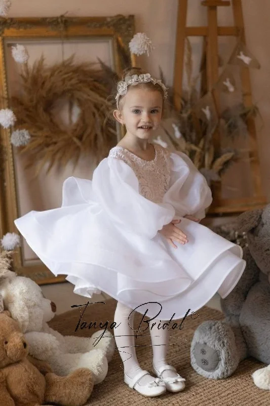 Hand-Beaded Gown Flower Girl Dress Full Sleeves Round Neck Ball Gown Girl Party Dress