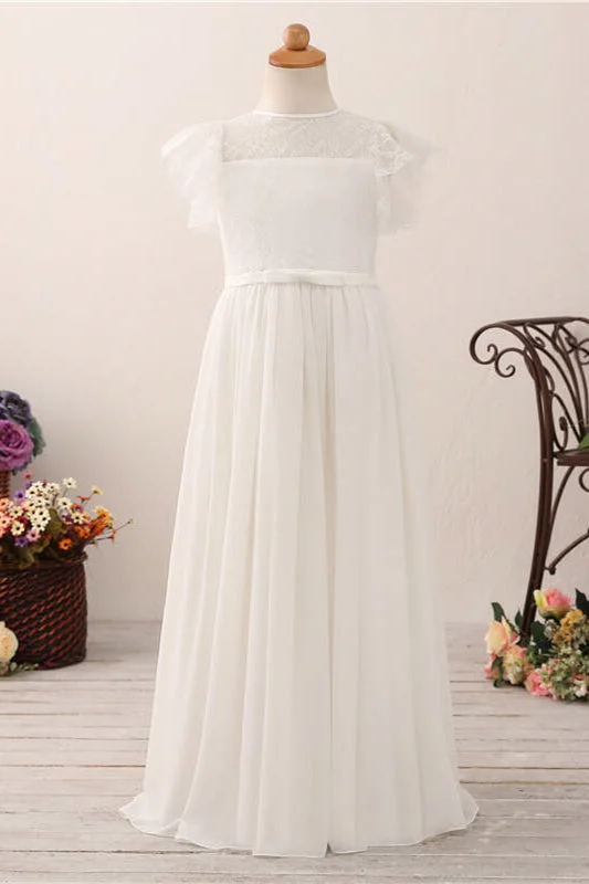 One-Shoulder Gown Flutter Sleeves Long White Flower Girl Dress with Lace Top