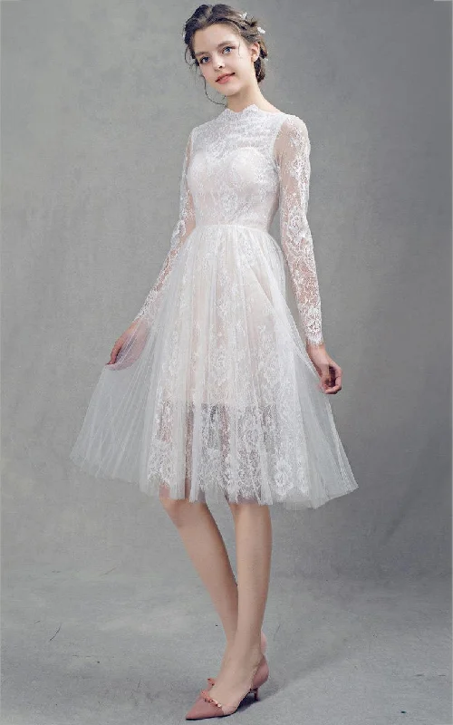 Tulle Gown French Lace Short Tulle Wedding With Sleeves Dress-711892
