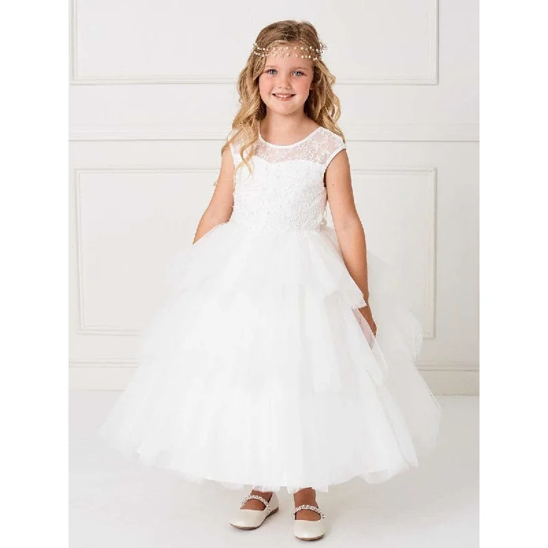 Floor-Length Dress Girls Illusion Neckline Lace Bodice with a Layered Tulle Skirt