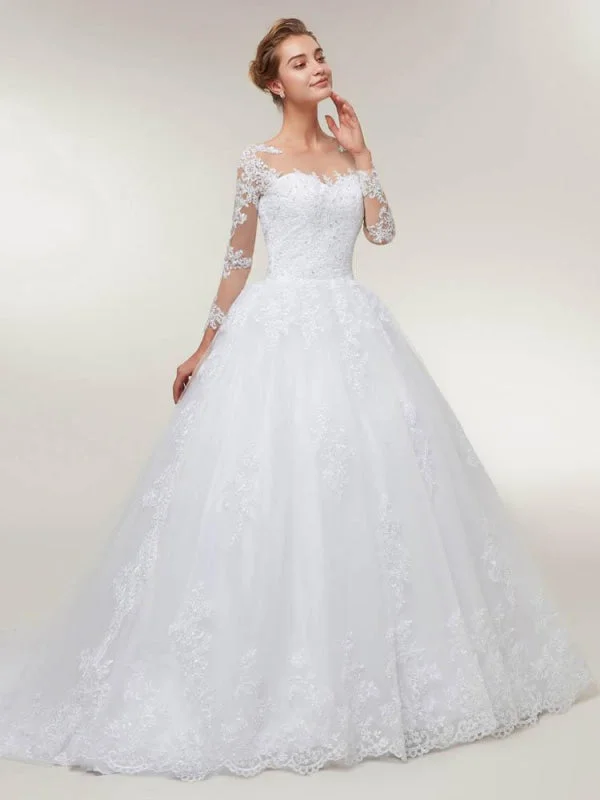 Gold Embroidered Dress Glamorous Long Sleeves Lace-Up Ball Gown Wedding Dresses