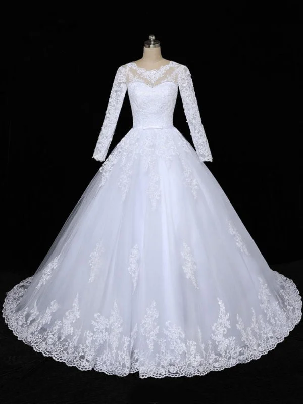 Regal Satin Gown Glamorous Long Sleeves Lace Applique Tulle Wedding Dresses 24478211