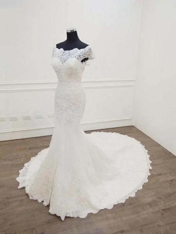 Empire Line Gown Gorgeous Bateau  Lace Mermaid Sweep Train Wedding Dresses