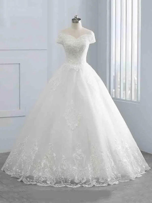 Elegant Satin Dress Gorgeous Cap Sleeves Sequins Lace-Up Ball Gown Wedding Dresses