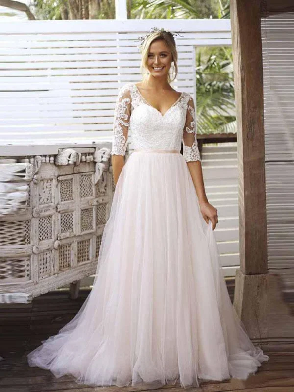 Stunning Wedding Gown Gorgeous V Neck Long Sleeves Tulle Wedding Dresses