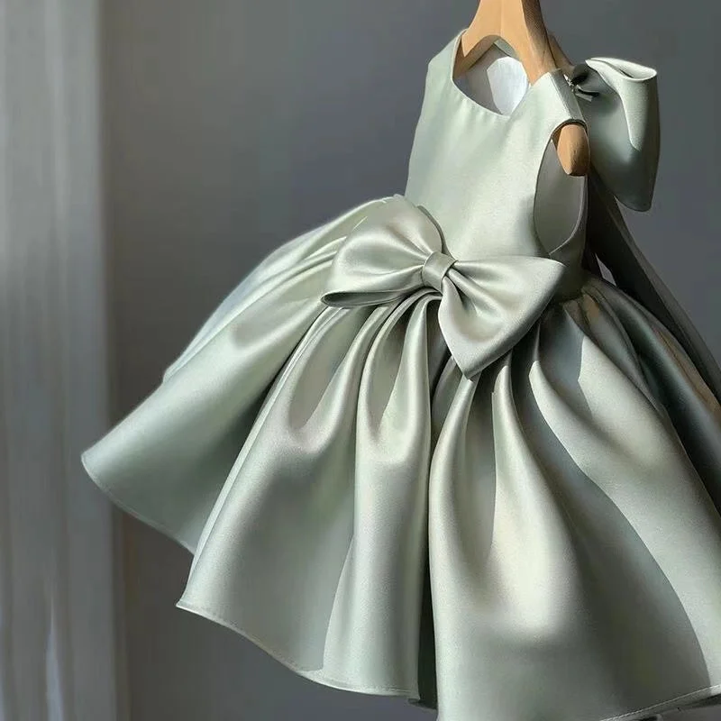 Flowing Wedding Gown Sage Green Short Satin Flower Girl Dress Party Gown SPF028