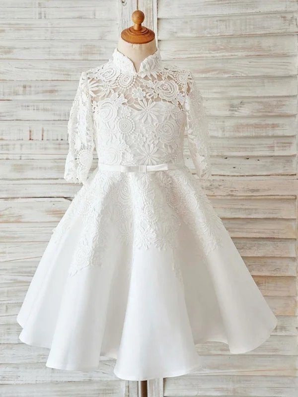 Half Sleeves Floral Lace  Flower Girl Dress Ivory Satin High Neck Dress for Wedding