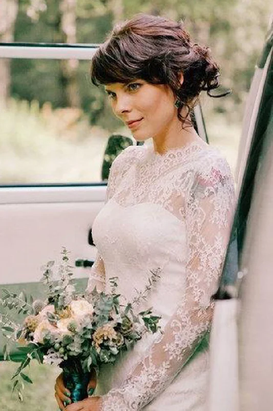 Modern Gown High Neck Lace Long Sleeve Knee-Length Wedding Dress-714900
