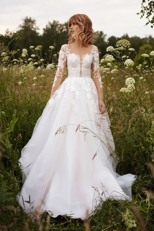 Modern Minimalist Gown Illusion Sleeve Tulle Adorable Wedding Dress With Lace Details And Illusion Button Back-715873 Modern Minimalist Gown Illusion Sleeve Tulle Adorable Wedding Dress With Lace Details And Illusion Button Back-715873