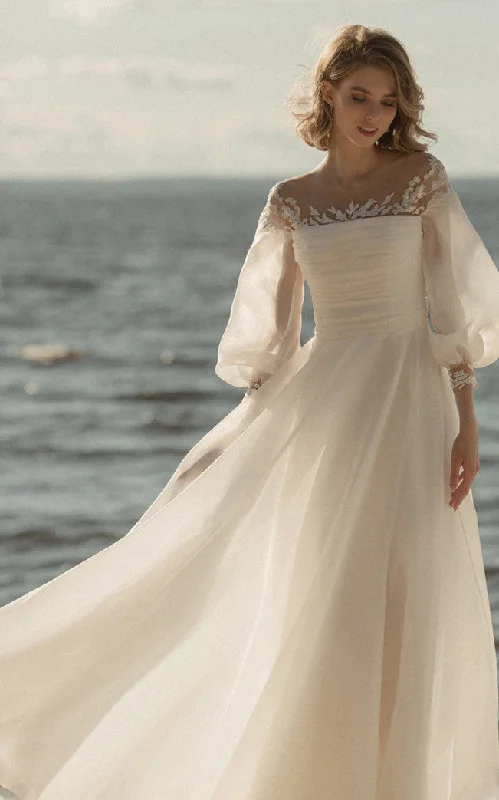 Informal 3/4 Length Poet Sleeves A-Line Organza Wedding Dress With Zipper Low-V Back-716440