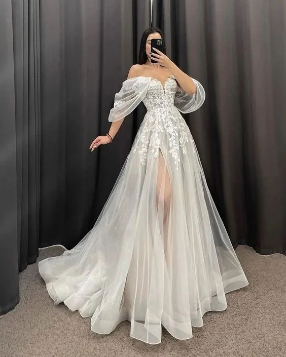 Dreamy Wedding Gown Ivory A-Line Wedding Dresses Women V-Neck Short Sleeves Long Bride Dress fg6237 Dreamy Wedding Gown Ivory A-Line Wedding Dresses Women V-Neck Short Sleeves Long Bride Dress fg6237