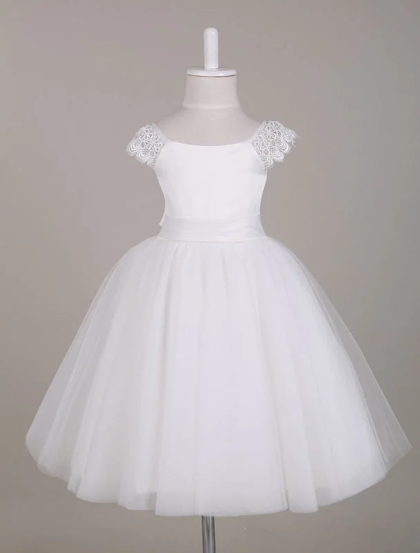 Ivory Bateau Neck Lace Cap Sleeves Tutu Dress Knee Length Kids Party Dresses