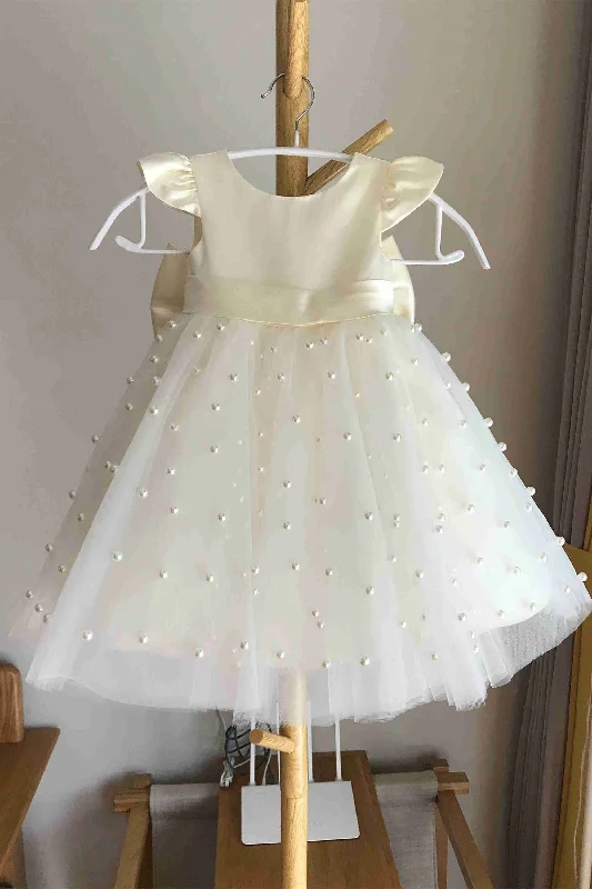Dreamy Lace Gown Ivory Flying Sleeves Flower Girl Dress with Pearls