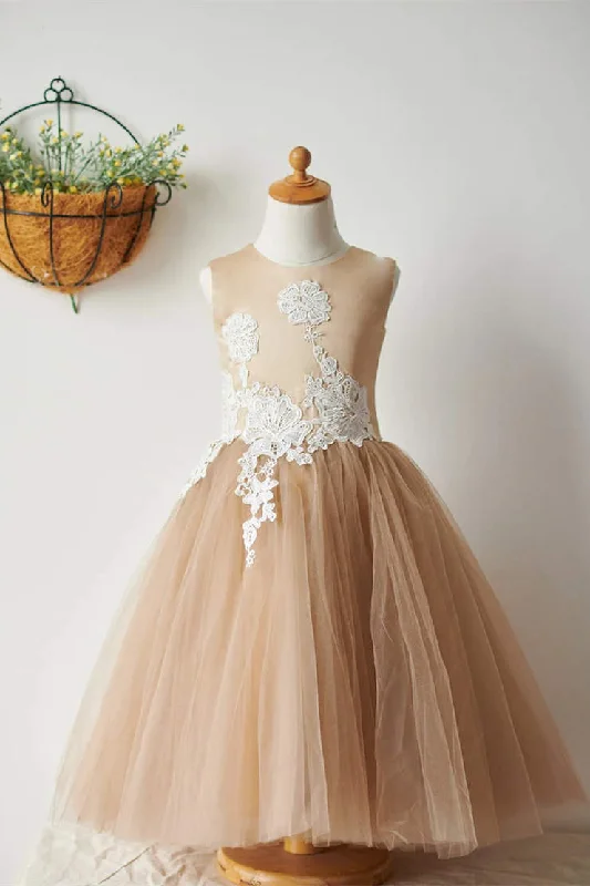 High Neck Dress Ivory Lace Champmpagne Tulle Flower Girl Dress