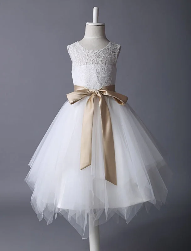 Ivory Lace Flower Girl Dress Satin Ribbon Bow Sash Illusion Tutu Dress