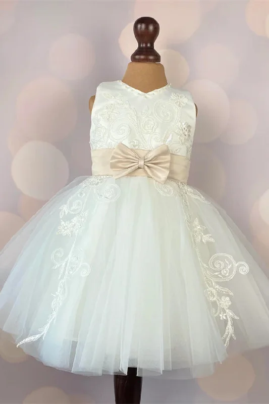 Embroidered Satin Dress Ivory Lace Flower Girl Dress with Bow