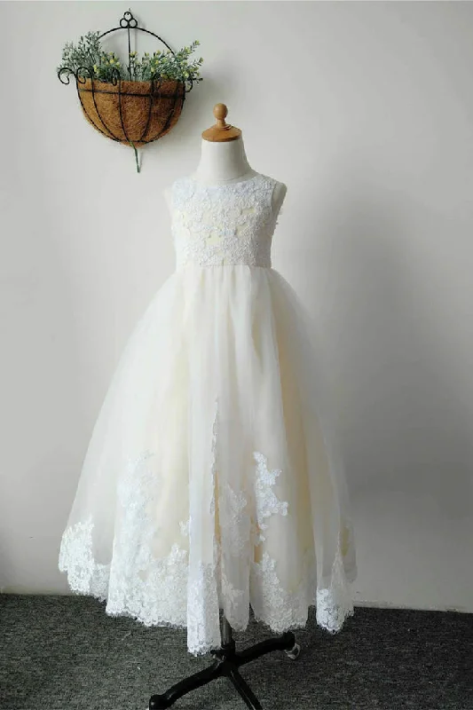 Scalloped Lace Dress Ivory Lace Yellow Linning Long Flower Girl Dress