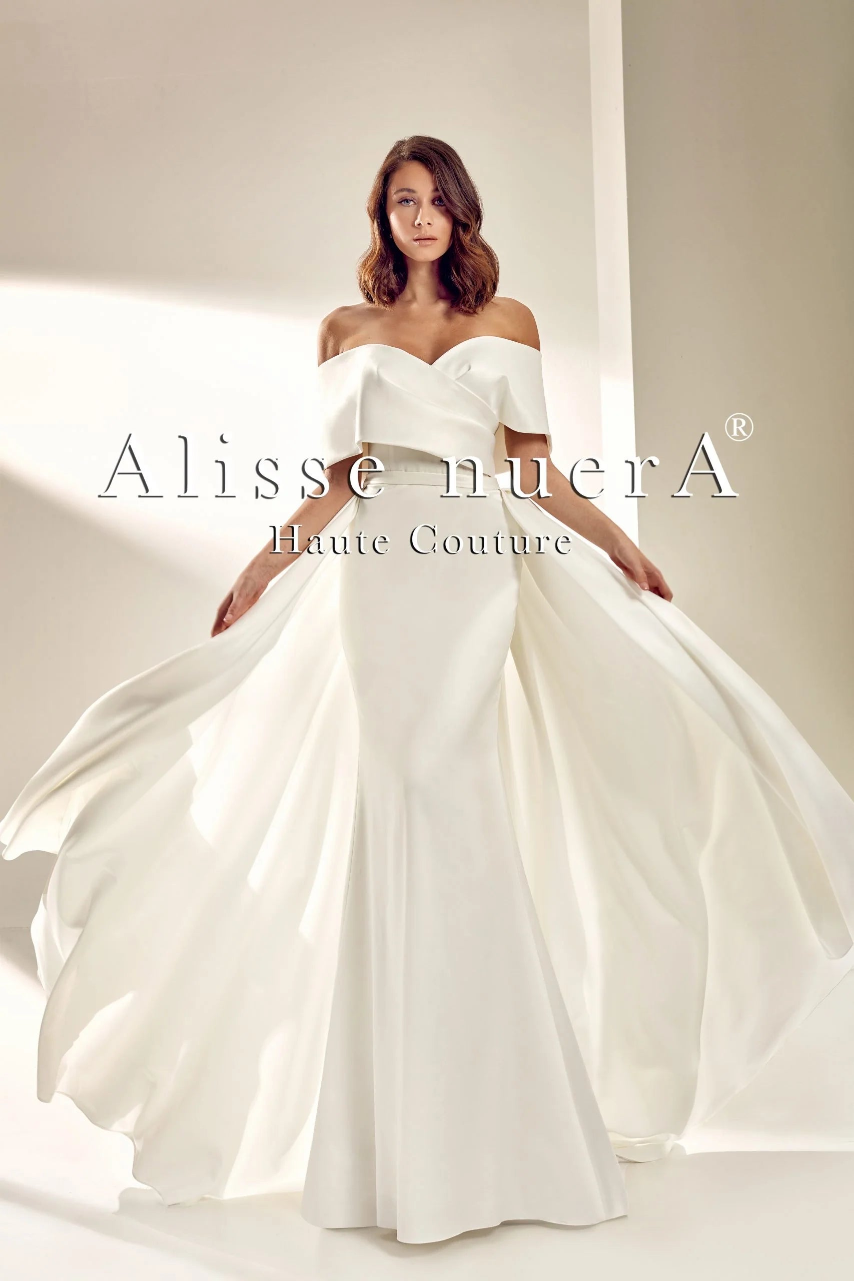 Glamorous Dress Ivory Satin Wrap Wedding Gown with Pleated Panel Train