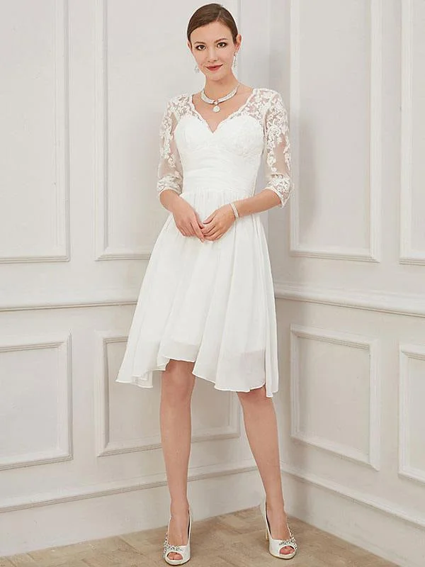 Handcrafted Wedding Gown Ivory Short Wedding Dress Knee Length V Neck Half Sleeves A Line Natural Waist Chiffon Bridal Dresses Handcrafted Wedding Gown Ivory Short Wedding Dress Knee Length V Neck Half Sleeves A Line Natural Waist Chiffon Bridal Dresses