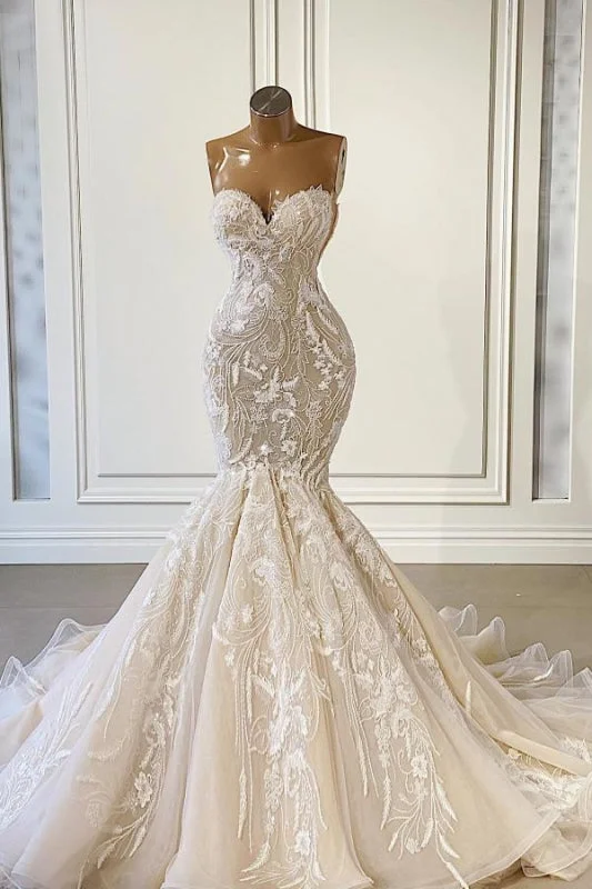 Vintage Lace Dress Ivory Sweetheart Strapless Long Mermaid Wedding Dress