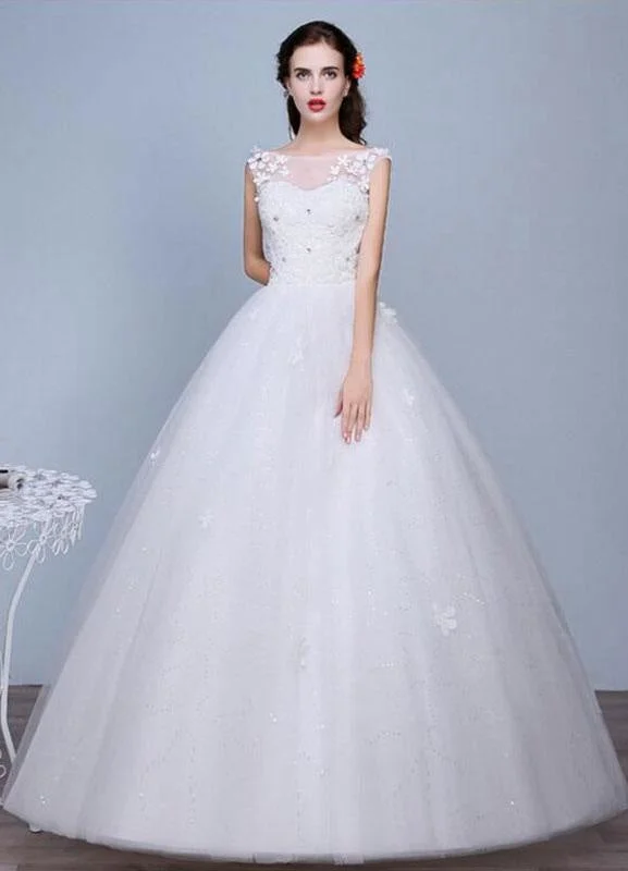 Ivory Wedding Dress Sleeveless Semi-Sheer Jewel Neckline Lace A-Line Floor Length Bridal Gown