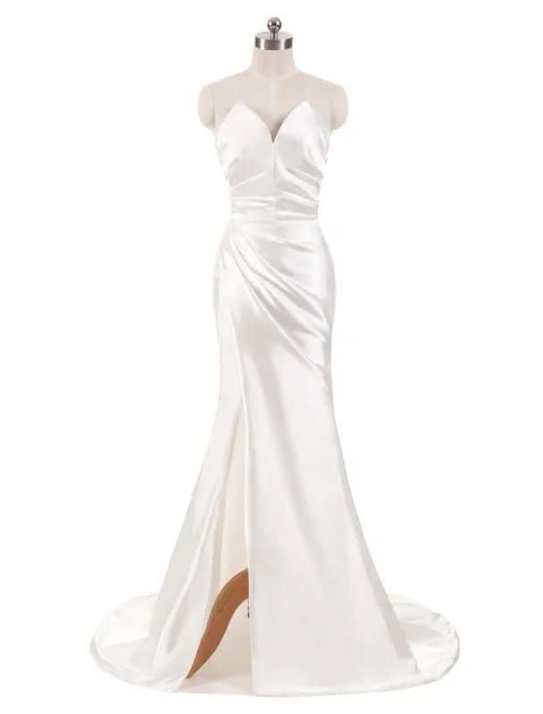 Scalloped Edge Dress Ivory Wedding Dresses Strapless Mermaid Evening Dresses V Neck Sleeveless Split Beach Bridal Gown With Court Train Scalloped Edge Dress Ivory Wedding Dresses Strapless Mermaid Evening Dresses V Neck Sleeveless Split Beach Bridal Gown With Court Train