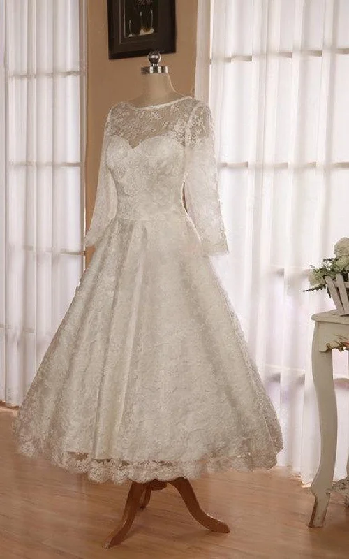 Ornate Lace Dress Jewel 3 4 Length Sleeve Low V Back Tea Length Lace Wedding Dress-711187 Ornate Lace Dress Jewel 3 4 Length Sleeve Low V Back Tea Length Lace Wedding Dress-711187