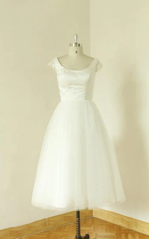 Jewel Neck Cap Sleeve A-Line Tea-Length Tulle Wedding Dress-711229