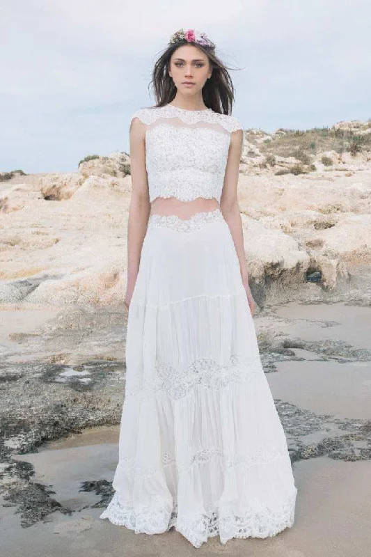 Elegant Dress Jewel-Neck Cap-Sleeve Lace Chiffon Two-Piece Wedding Dress-715057