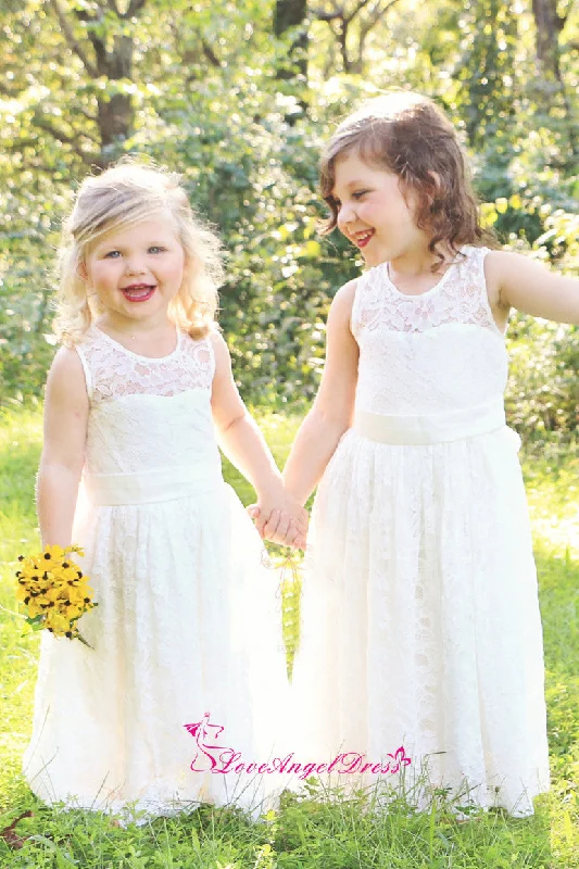 Jewel Neck Lace Ivory Flower Girl Dress with Bow Sash