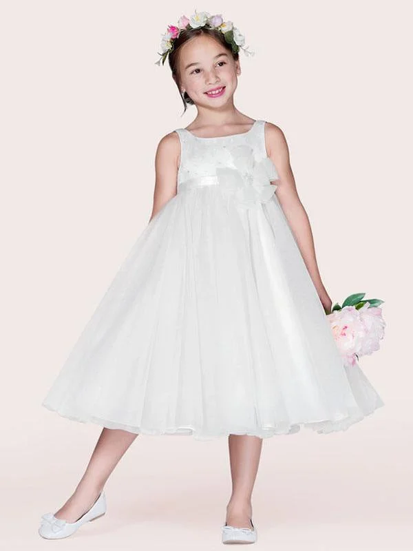 Jewel Neck Sleeveless A-Line Kids Party Dresses Ivory Tulle Flower Girl Dresses