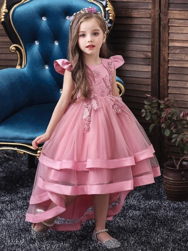 Jewel Neck Tulle Sleeveless 3D Floral Princess Hi-LoFlower Girl Dress With Train