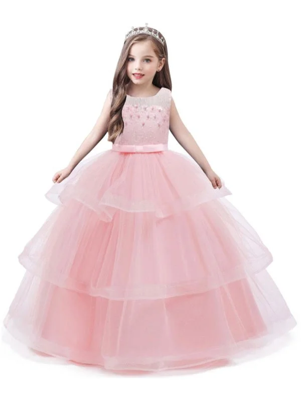 Jewel Neck Tulle Sleeveless Flower Girl Dresses Ankle Length Princess Silhouette Kids Party Dresses