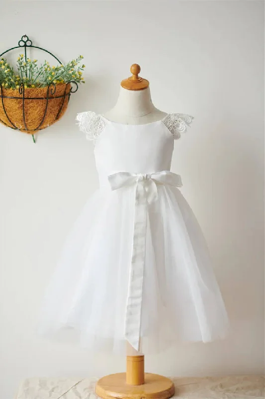 Floor-Length Dress Knee Lenght Ivory Satin Flower Girl Dress