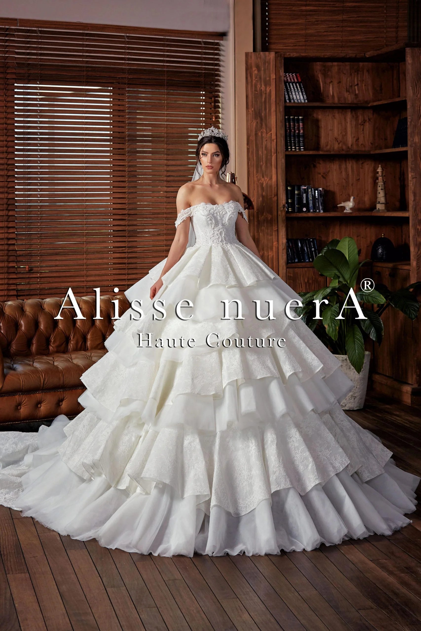 Off-White Dress Lace and Tulle Layered Ruffle Wedding Dress with Off the Shoulder Lace Applique
