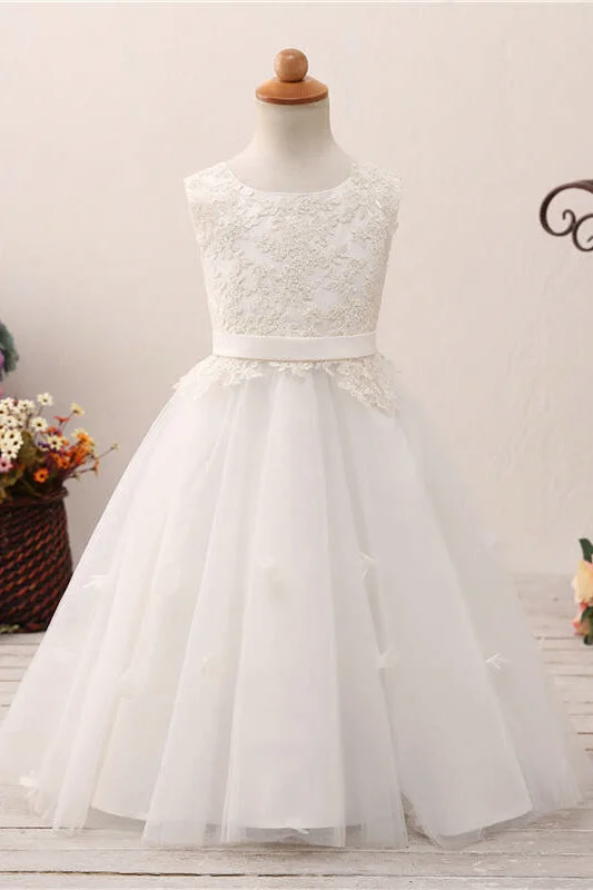 Lace Applique Lace-Up Back White Flower Girl Dress with Ribbon