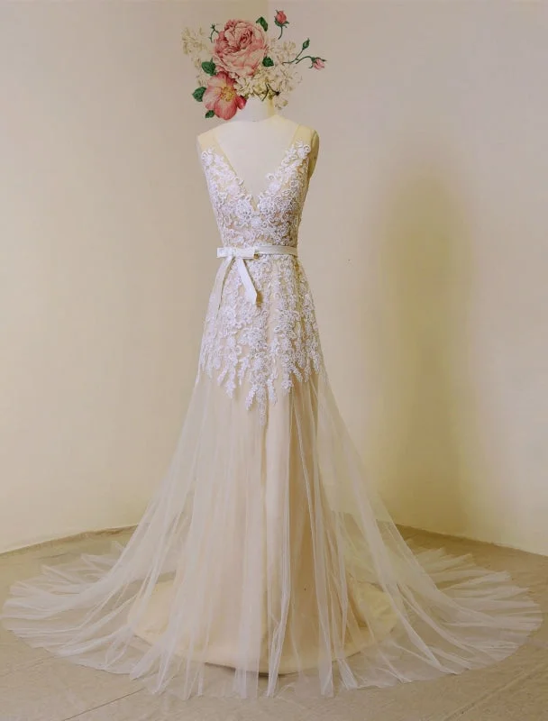 Statement Dress Lace Boho Wedding Dress fleshcolor Tulle Bridal Gown Backless A-Line Court Train Beach Wedding Dress With Detachable Satin Sash Statement Dress Lace Boho Wedding Dress fleshcolor Tulle Bridal Gown Backless A-Line Court Train Beach Wedding Dress With Detachable Satin Sash