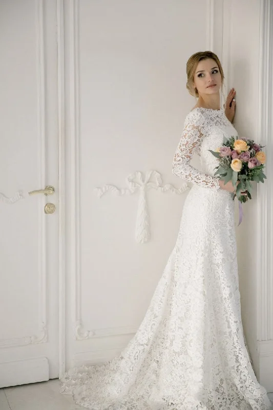 Shimmering Dress Lace Elegant Mermaid Bateau Wedding Dress With V-back-715688